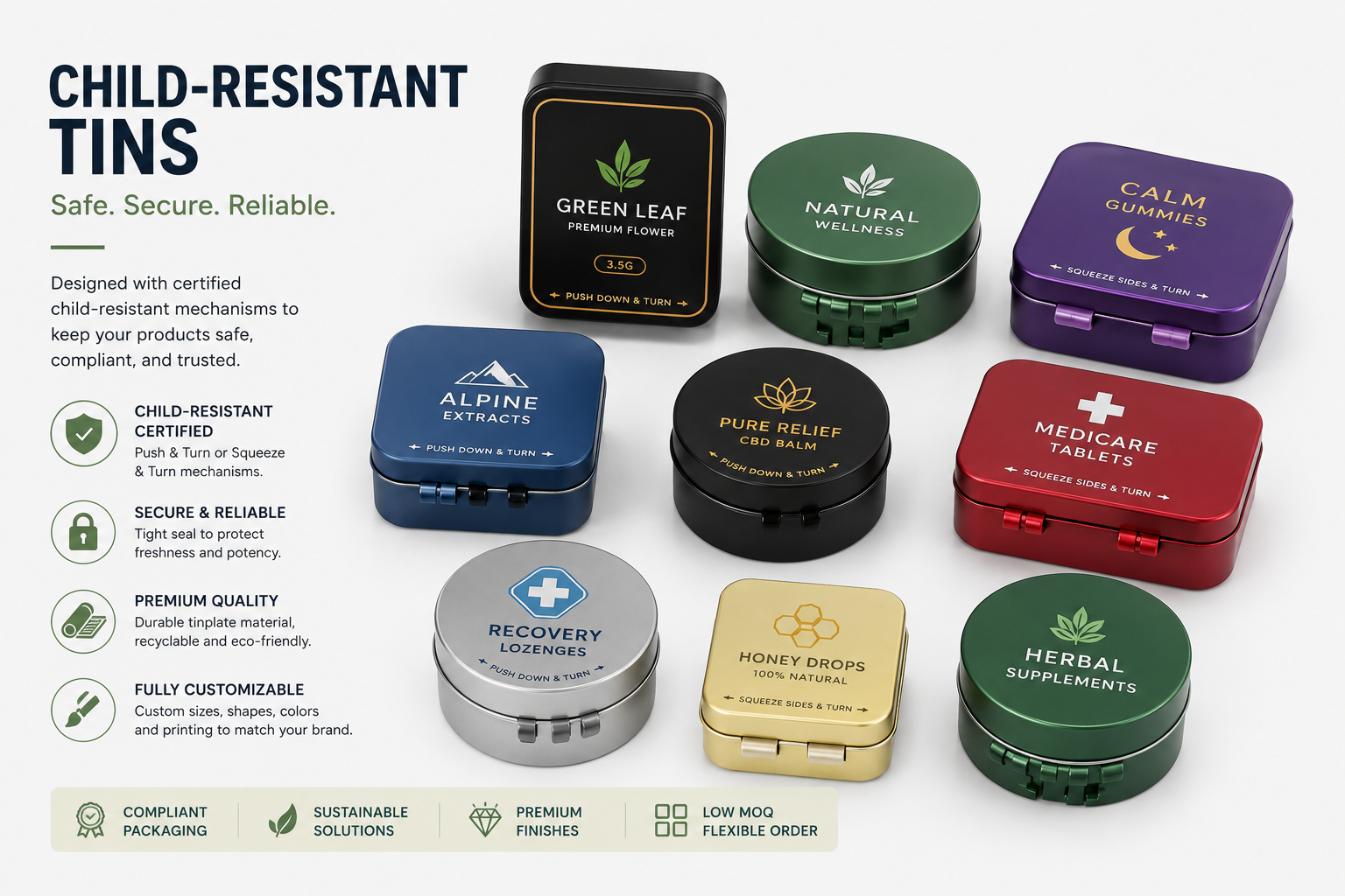 Custom child-resistant tin packaging