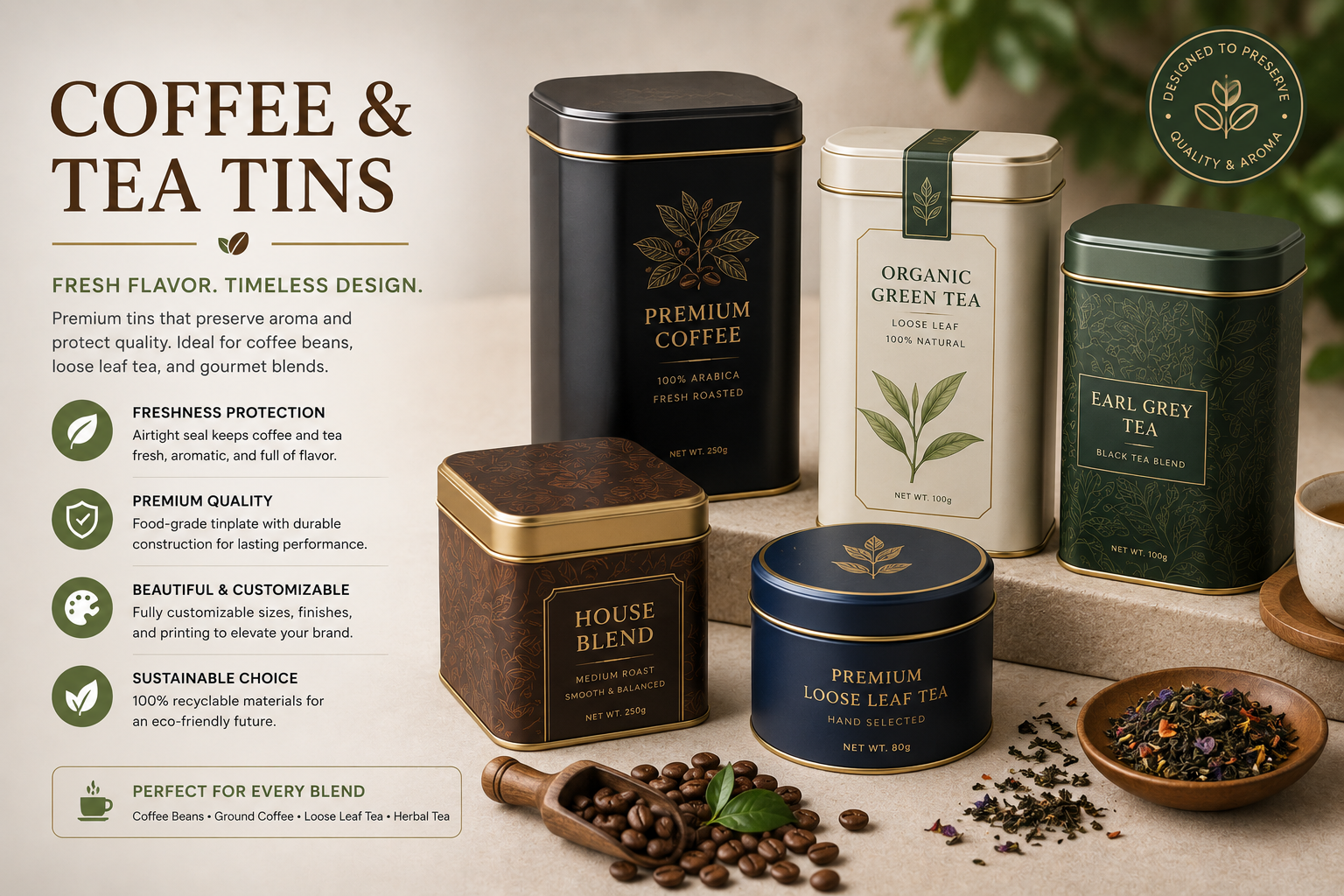 Custom coffee and tea tin packaging