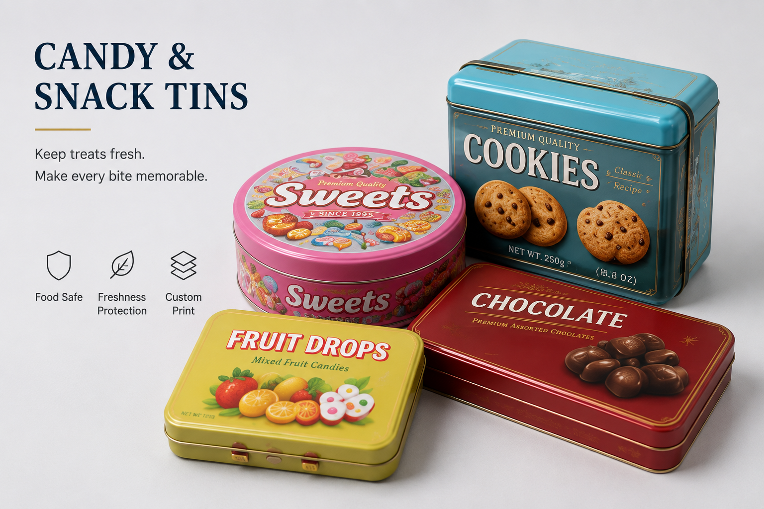 Custom candy and snack tin packaging