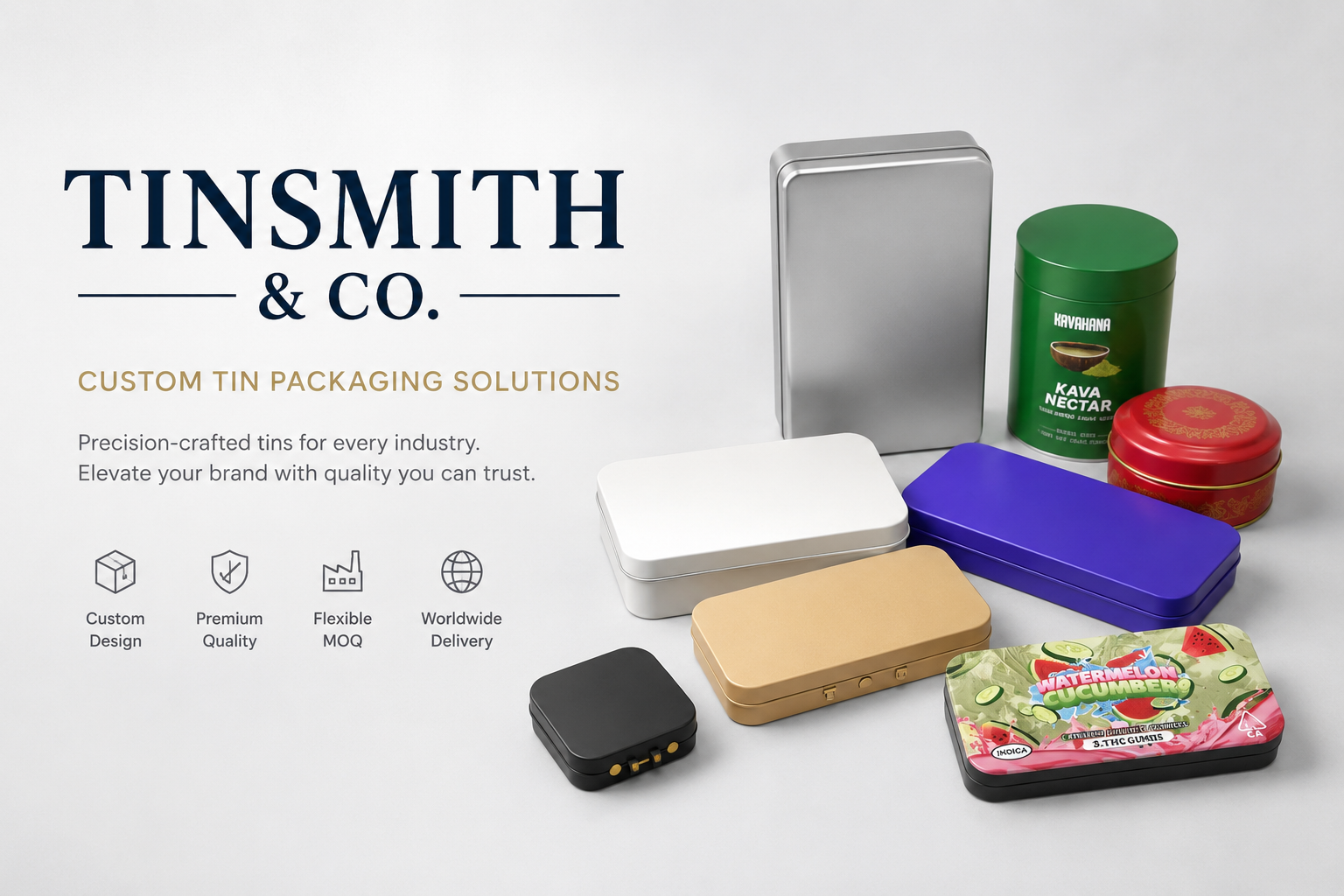 Tinsmith & Co. custom tin packaging product collection