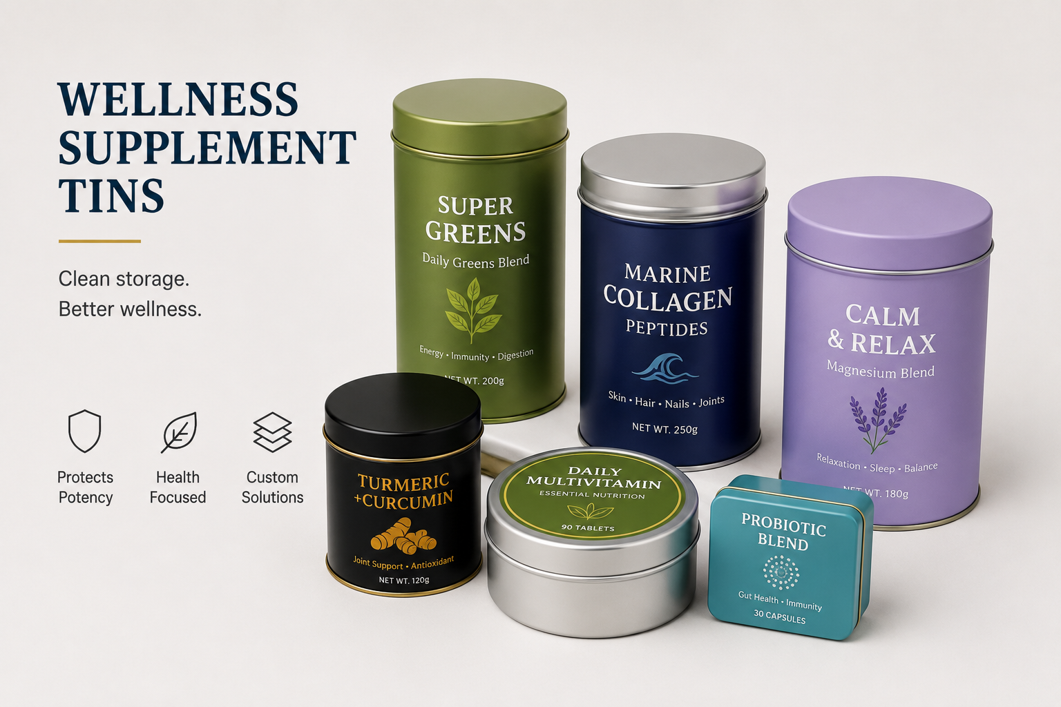 Custom wellness and supplement tin packaging